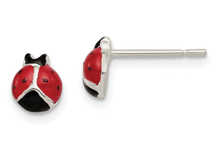 Sterling Silver Polished Red/Black Enameled Ladybug Post Earrings (Style QE8642)