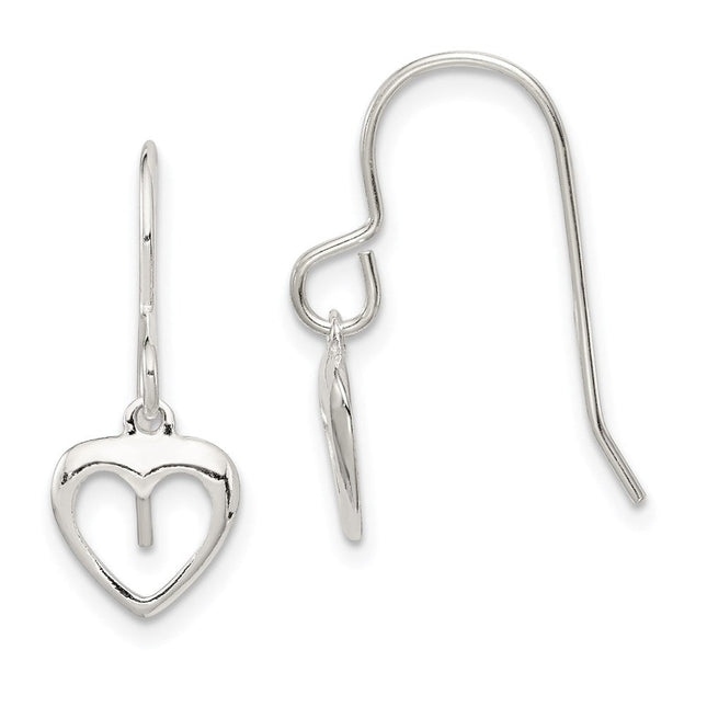 Sterling Silver Heart Dangle Shepherd Hook Earrings, 21 x 9mm