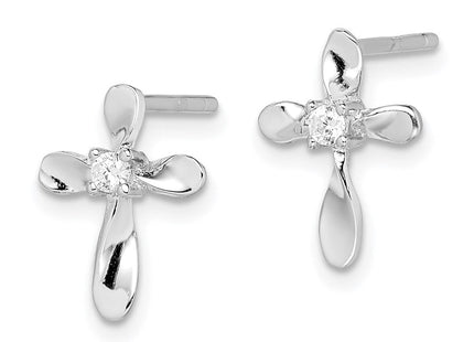 Sterling Silver Rhodium-plated Polished CZ Cross Post Earrings (Style QE8813)