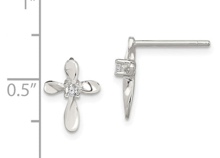 Sterling Silver Rhodium-plated Polished CZ Cross Post Earrings (Style QE8813)