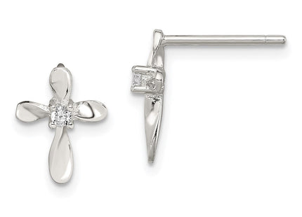 Sterling Silver Rhodium-plated Polished CZ Cross Post Earrings (Style QE8813)