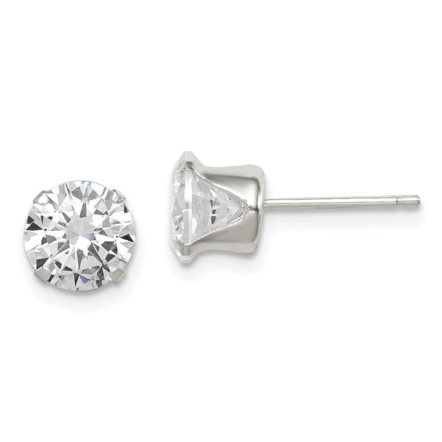 Sterling Silver Polished Round CZ Snap Set Stud Earrings, 7 x 7mm