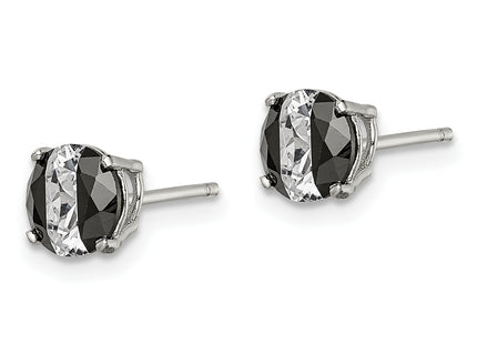 Sterling Silver RH-pltd Black/White Round CZ Basket Set Stud Earrings