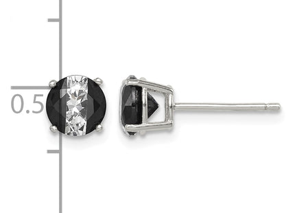 Sterling Silver RH-pltd Black/White Round CZ Basket Set Stud Earrings