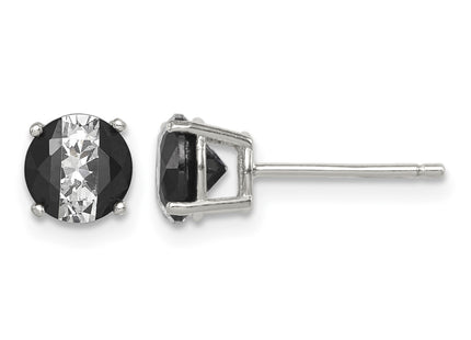 Sterling Silver RH-pltd Black/White Round CZ Basket Set Stud Earrings