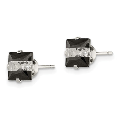 Sterling Silver Black & White Square CZ Snap-in Set Stud Earrings