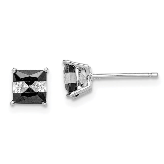Sterling Silver RH-plated Black & White Square CZ Stud Earrings, 5 x 5mm