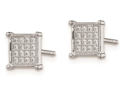 Sterling Silver Rhodium-plated Polished Pav CZ Square Post Earrings (Style QE9116)