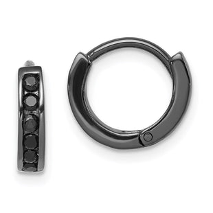 Sterling Silver Black RH-plated Black CZ Hinged Round Hoop Earrings (Style QE9262)