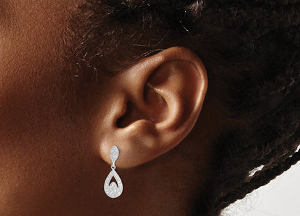 Sterling Silver Rhodium-plated CZ Pav Pear Dangle Post Earrings (Style QE9284)