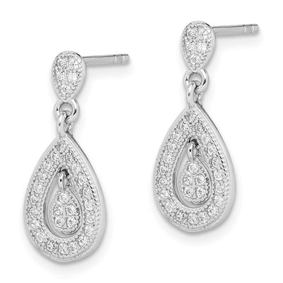 Sterling Silver Rhodium-plated CZ Pavé Pear Dangle Post Earrings, 18 x 8mm