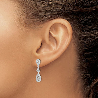 Sterling Silver Rhodium-plated CZ Pavé Pear Dangle Post Earrings, 29 x 8mm