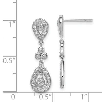 Sterling Silver Rhodium-plated CZ Pavé Pear Dangle Post Earrings, 29 x 8mm