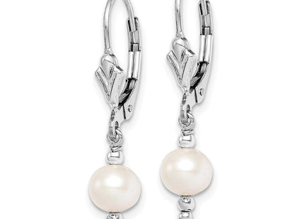 Sterling Silver Rhodium-plated 6- White Semi-Round Freshwater Cultured Pearl Leverback Dangle Earrings (Style QE9347)