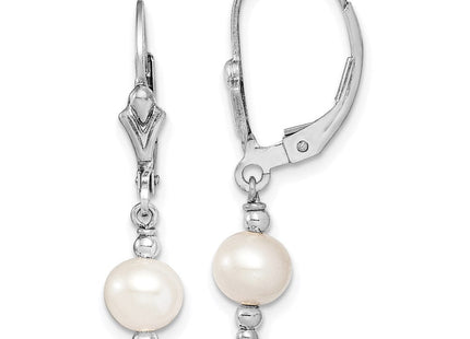 Sterling Silver Rhodium-plated 6- White Semi-Round Freshwater Cultured Pearl Leverback Dangle Earrings (Style QE9347)