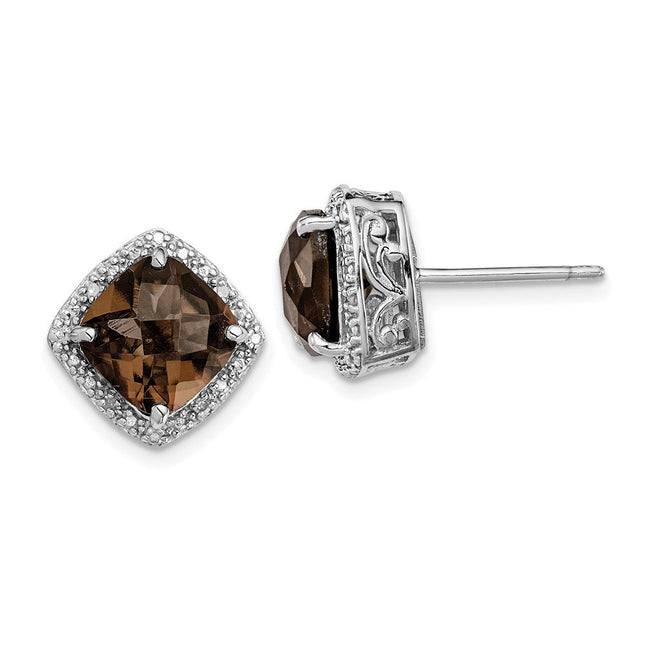 Sterling Silver Rhodium-plated Smoky Quartz and Diamond Earrings, 13 x 13mm