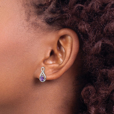 Sterling Silver Rhodium Plated Diamond and Amethyst Post Earrings, 15 x 7mm