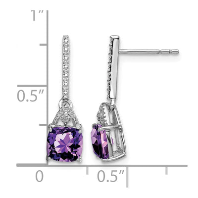 Sterling Silver Rhodium Plated Diamond and Amethyst Post Earrings, 20 x 6mm