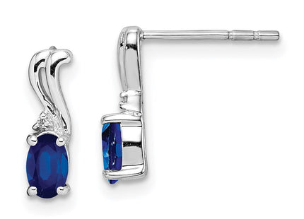 Sterling Silver Rhodium Plated Diamond & Sapphire Oval Post Earrings (Style QE9967S)