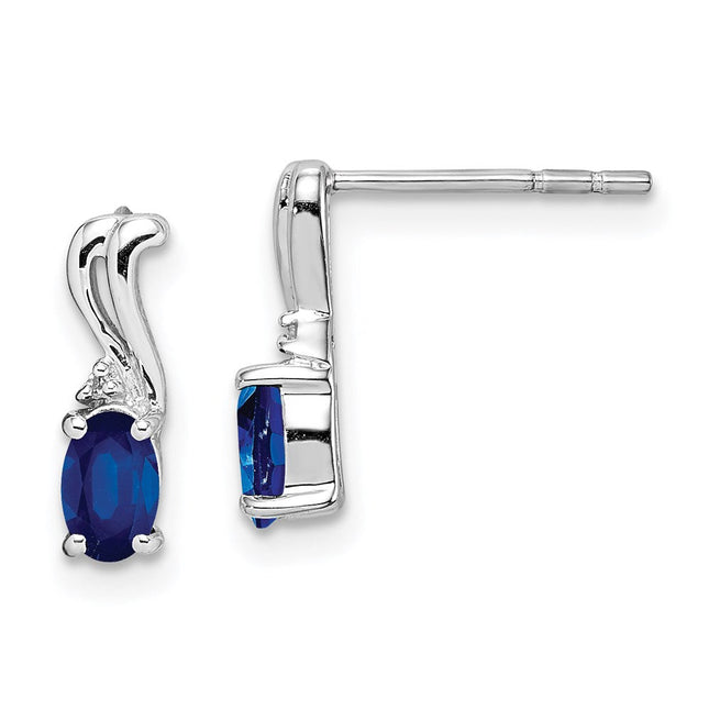Sterling Silver Rhodium Plated Diamond & Sapphire Oval Post Earrings, 10 x 3mm