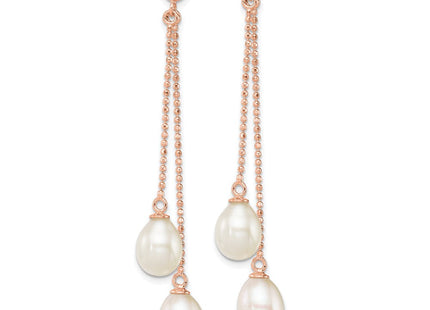 Sterling Silver Rose-tone 7- White Rice Freshwater Cultured Pearl Post Dangle Earrings (Style QER12777)