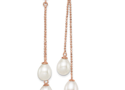 Sterling Silver Rose-tone 7- White Rice Freshwater Cultured Pearl Post Dangle Earrings (Style QER12777)
