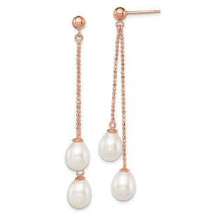 Sterling Silver Rose-tone 7- White Rice Freshwater Cultured Pearl Post Dangle Earrings (Style QER12777)
