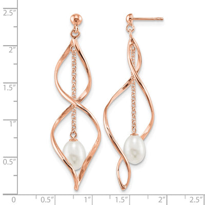 Sterling Silver Rose-tone White Rice Freshwater Cultured Pearl Post Dangle Earrings, 10 x 7 to 8mm