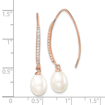 Sterling Silver Rose-tone White Teardrop Freshwater Cultured Pearl and CZ Threader Earrings