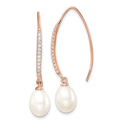 Sterling Silver Rose-tone White Teardrop Freshwater Cultured Pearl and CZ Threader Earrings