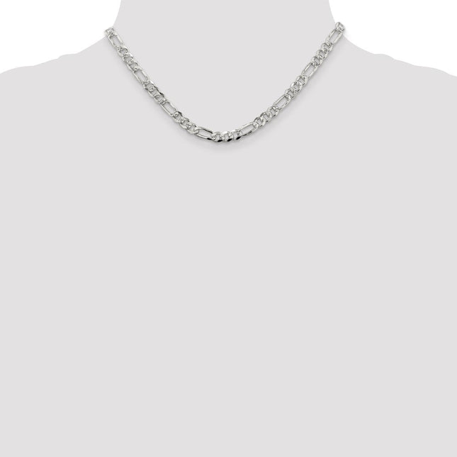 Sterling Silver Pav Flat Figaro Bracelet, 7 x 5.5mm