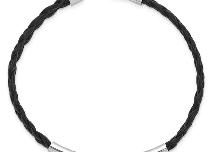 Sterling Silver Rhodium-plated Black Braided Leather Bracelet (Style QG1086-7)