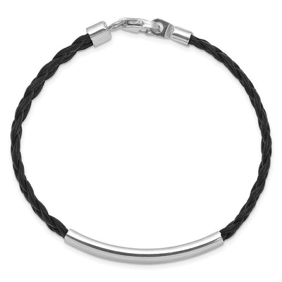 Sterling Silver Rhodium-plated Black Braided Leather Bracelet, 7 x 6.5mm