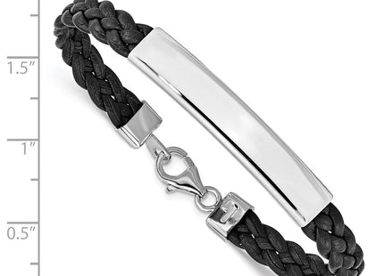 Sterling Silver Rhodium-plated Black Braided Leather Bracelet (Style QG1086-7)