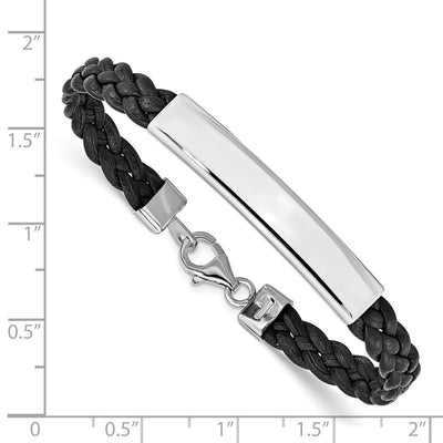 Sterling Silver Rhodium-plated Black Braided Leather Bracelet, 7 x 6.5mm