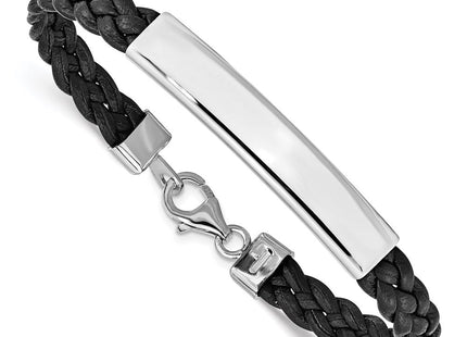Sterling Silver Rhodium-plated Black Braided Leather Bracelet (Style QG1086-7)