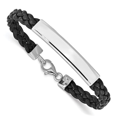Sterling Silver Rhodium-plated Black Braided Leather Bracelet, 7 x 6.5mm