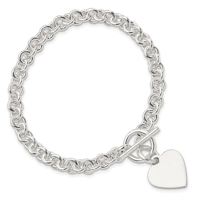 Sterling Silver Engraveable Heart Disc on Fancy Link Toggle 7.75in Bracelet