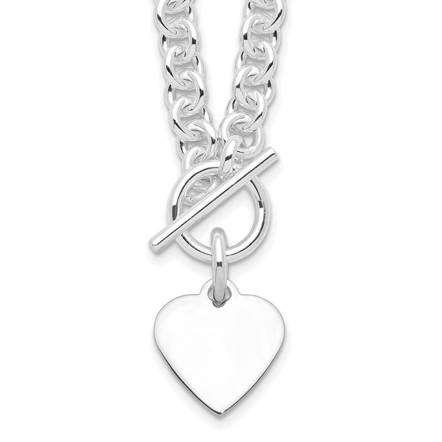 Sterling Silver RH-plated Heart Disc on Toggle 18in Bracelet
