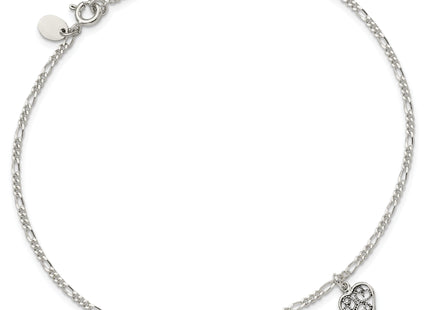 Sterling Silver Dark Pink Crystal Dangling Antiqued Heart Anklet