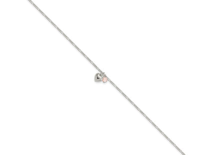 Sterling Silver Cherry Quartz Dangling Hearts on Figaro Link Anklet (Style QG1214-9)