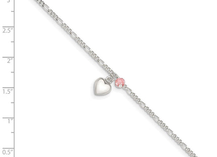 Sterling Silver Cherry Quartz Dangling Hearts on Figaro Link Anklet (Style QG1214-9)