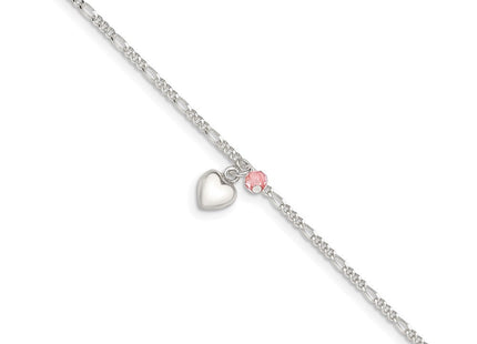 Sterling Silver Cherry Quartz Dangling Hearts on Figaro Link Anklet (Style QG1214-9)