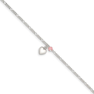 Sterling Silver Cherry Quartz Dangling Hearts on Figaro Link Anklet (Style QG1214-9)
