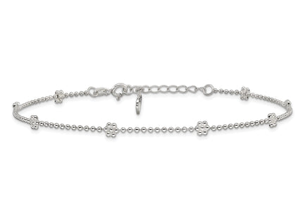 Sterling Silver 9in Plus 1in ext Polished Flower Anklet