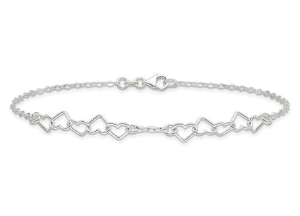 Sterling Silver Polished Fancy Heart Link Anklet