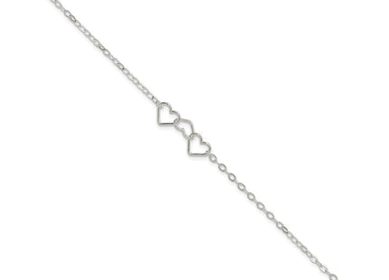Sterling Silver Solid Polished Fancy Heart Link Anklet (Style QG1255-9)