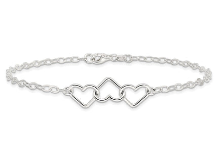 Sterling Silver Solid Polished Fancy Heart Link Anklet (Style QG1255-9)