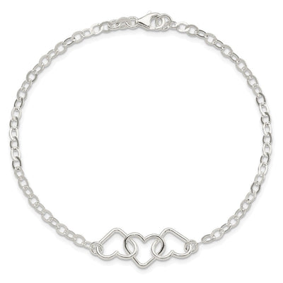 Sterling Silver Solid Polished Fancy Heart Link Anklet