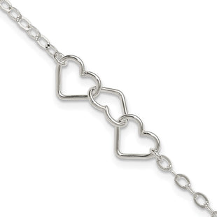 Sterling Silver Solid Polished Fancy Heart Link Anklet (Style QG1255-9)